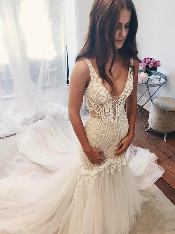 Sexy Mermaid V-Neck Backless Lace Tulle Mermaid Long Wedding Dresses, WD0181