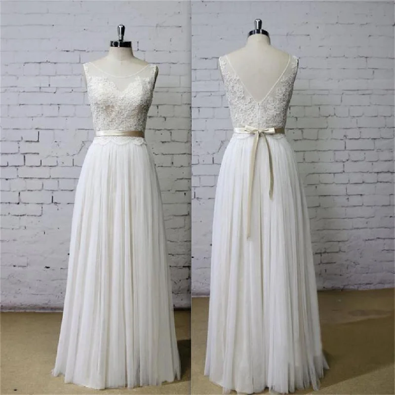 Long Aline Scoop V Back Lace Simple Pretty Beach Summer Tulle Wedding Dresses, WD0201