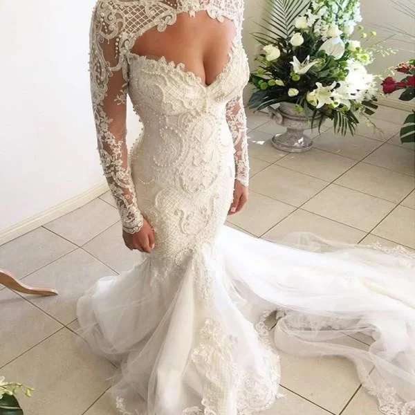 Elegant Popular Newest Mermaid Open Back Long Sleeves Tulle Wedding Dress with Lace and Pearls, WD0203