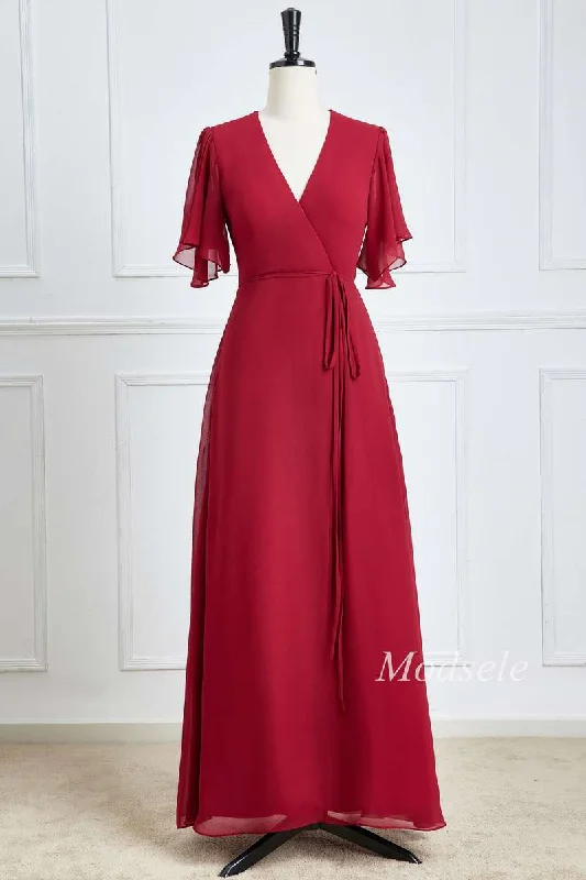 Wine Red Chiffon Surplice Neck A-Line Long Bridesmaid Dress