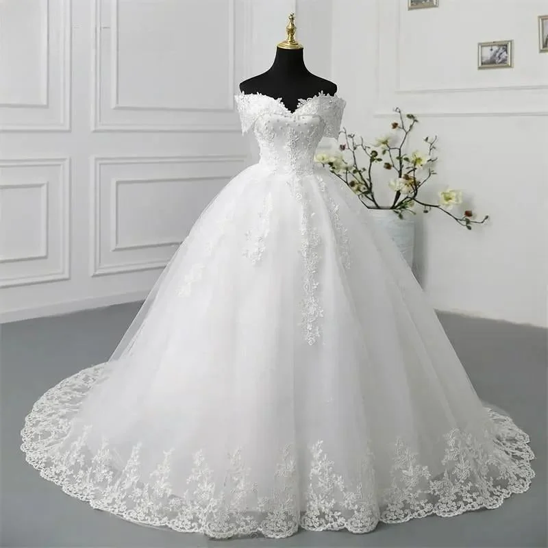 Y&M Novias Off Shoulder Plus Size Vestido De Noiva 2024 Wedding Dress Long Train or Floor Appliqes Pearls Bridal Tulle Mariage