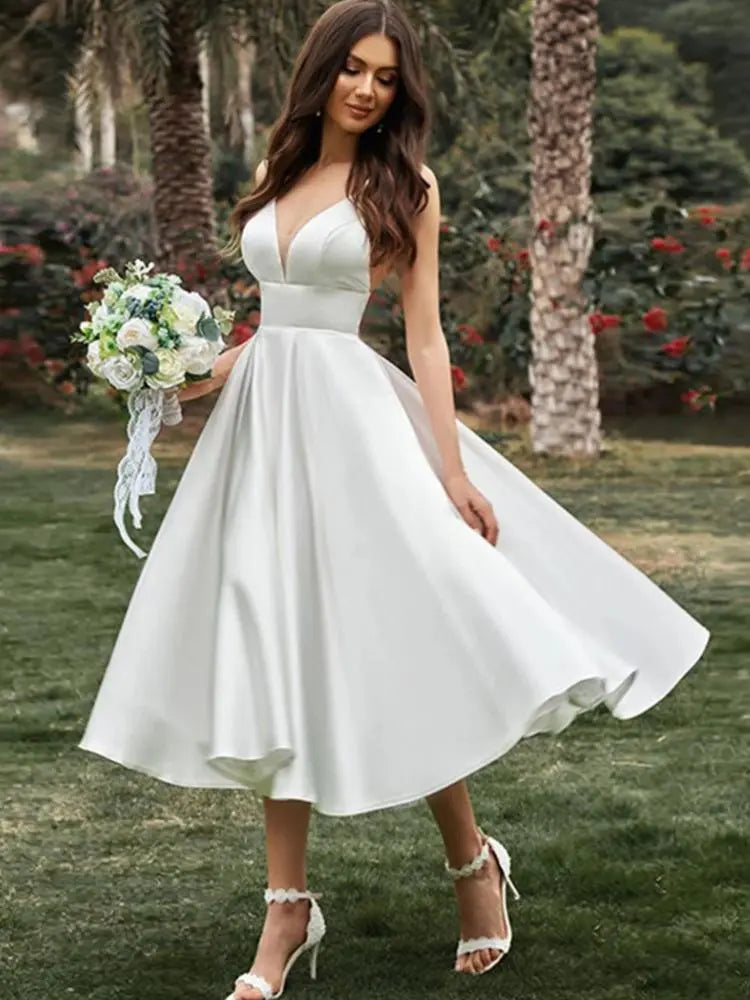 Simple Short Wedding Dress For Women New Civil A Line V Neck Spaghetti Straps Bridal Gown Tea-Length Robe De Mariee