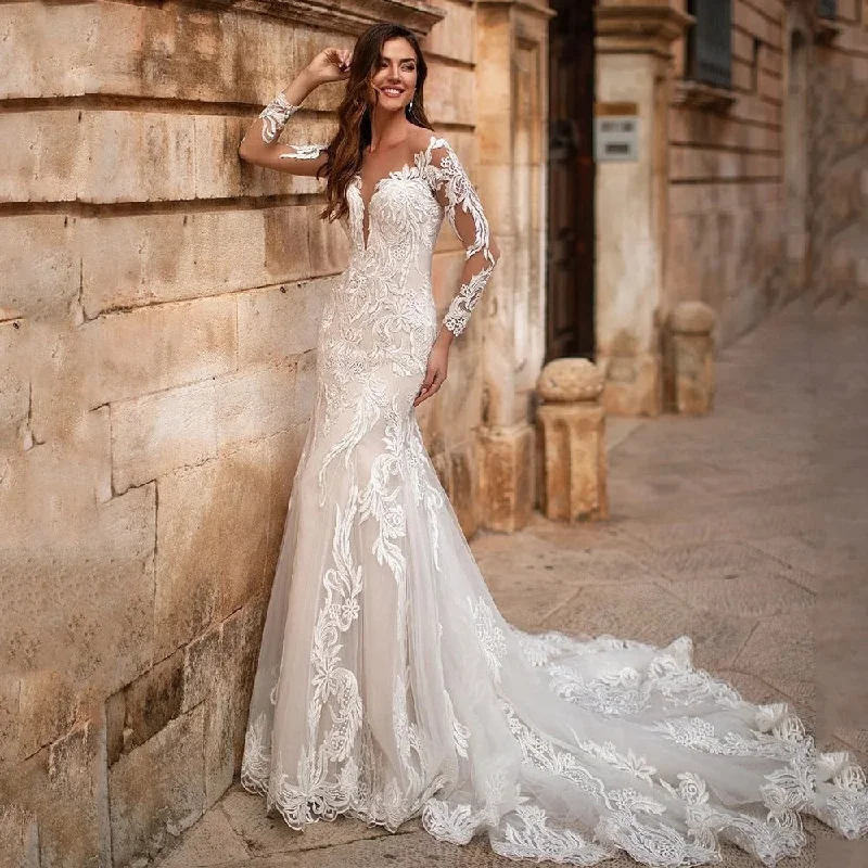 V-Neck Mermaid Wedding Dress  Long Sleeve Lace Appliques Bride Gown Backless Train Illusion Back Vestidos De Noiva